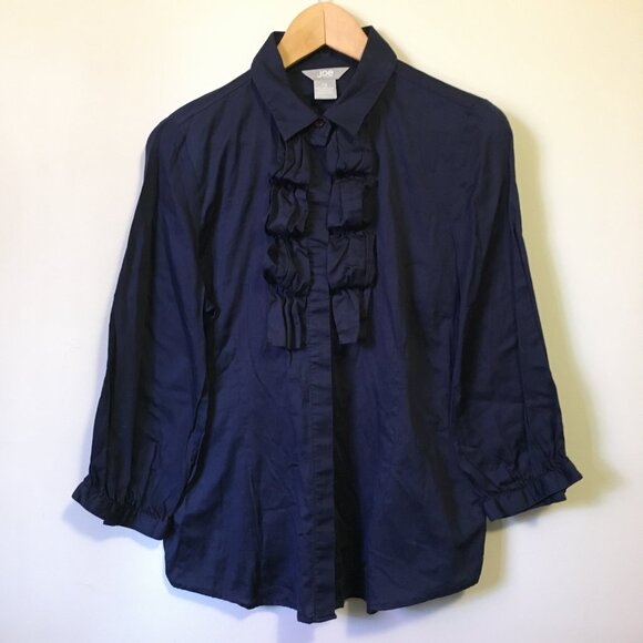 Dark Navy Blue 100% Cotton Ruffled Maestro 3/4 Sleeve Button Up Shirt - Picture 1 of 15